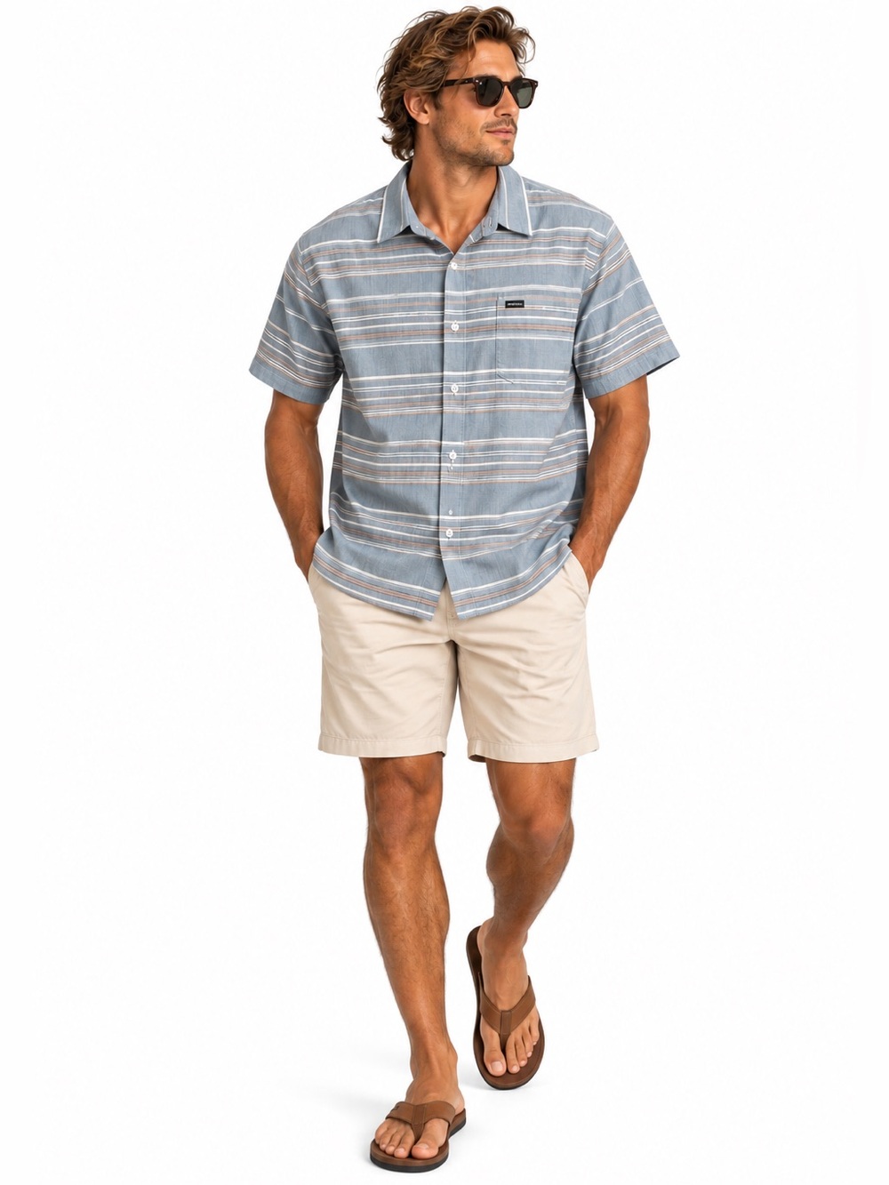 O’NEILL Men’s XXL Blue Striped Cotton Button Up Shirt Resort Casual Surfer